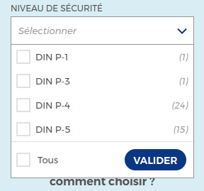 Capture d’écran du site LDLC montrant les options de filtrage par niveau de sécurité avec le nombre de destructeurs vendus dans chaque niveau. Il y a 1 destructeur P-1, 1 destructeur P-3, 24 destructeurs P-4 et 15 destructeurs P-5.