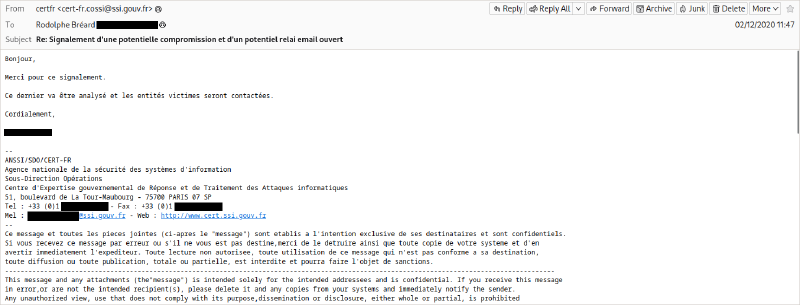 Réponse de l’ANSSI à mon signalement, m’en remerciant et m’indiquant que les victimes seront contactées.