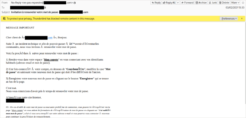 Message de la boutique en ligne demandant la réinitialisation des mots de passe pour cause d’incident technique.