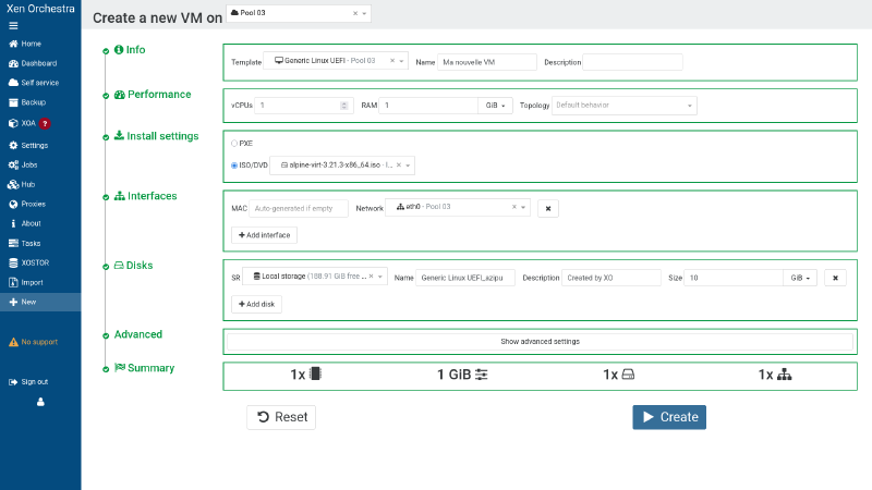 Capture d&rsquo;écran de l&rsquo;interface d&rsquo;ajout d&rsquo;une VM de XO