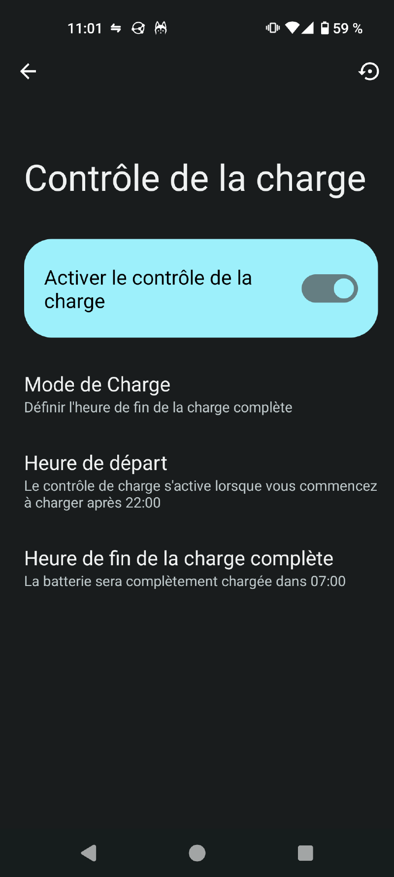Capture d'écran des paramètre de contrôle de la charge sous LineageOS.