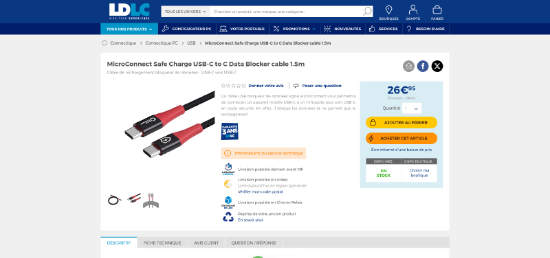 Capture d'écran du site marchand ldlc.com présentant la fiche produit d'un câble USB-C de la marque MicroConnect labellisé « bloqueur de données ». Ce cable de 1,5 mètre de long est vendu 26,95 €.