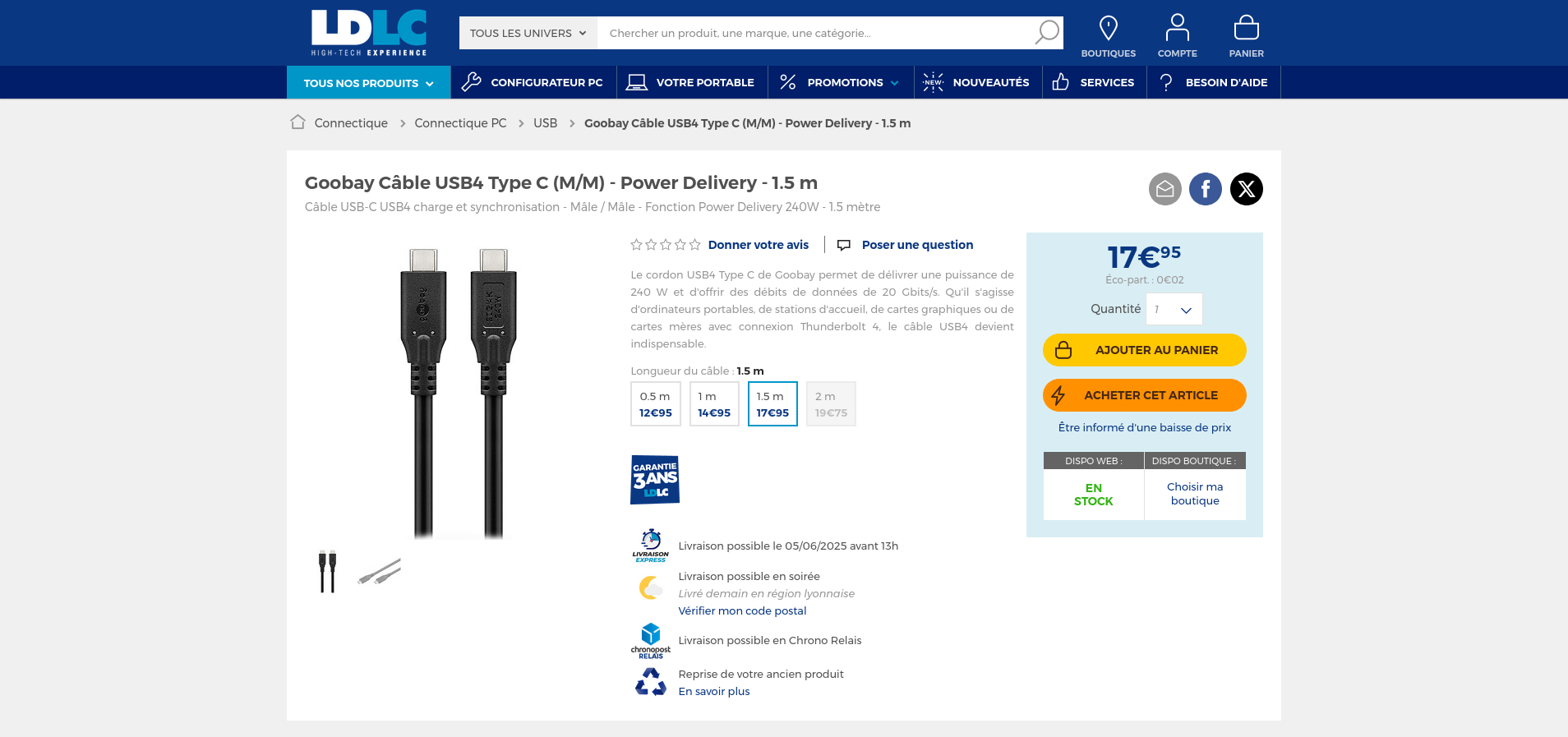 Capture d'écran du site marchand ldlc.com présentant la fiche produit d'un câble USB-C de la marque Goobay présenté comme supportant 40 Gbps et 240W. Le câble dispose d'une surface externe en matière plastique lisse.