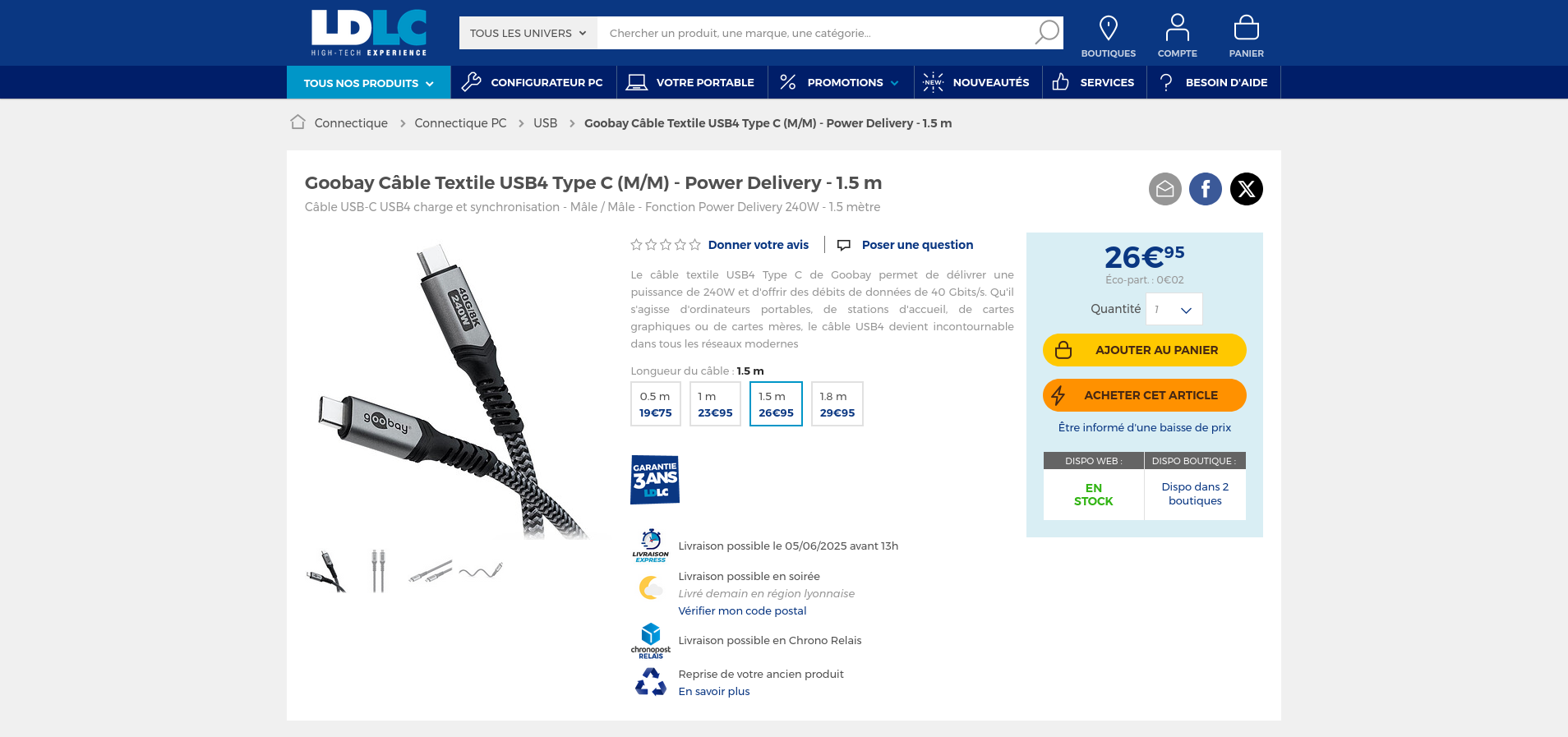 Capture d'écran du site marchand ldlc.com présentant la fiche produit d'un câble USB-C de la marque Goobay présenté comme supportant 40 Gbps et 240W. Le câble dispose d'une surface externe en textile tissé.