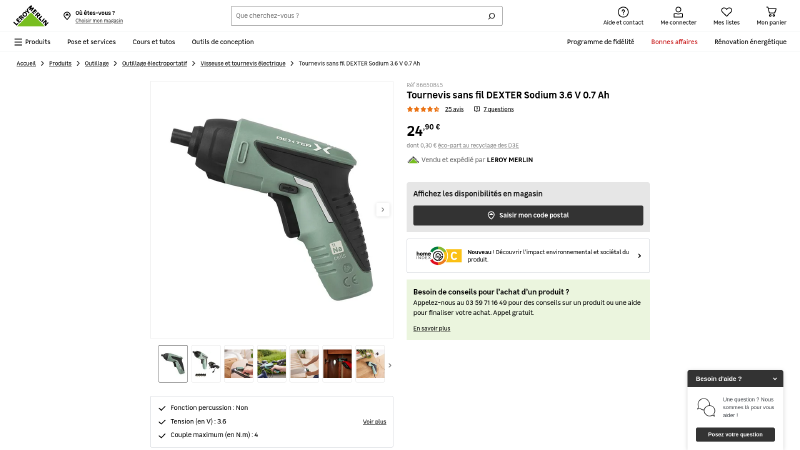 Capture d'écran de la boutique en ligne Leroy Merlin montrant la fiche produit d'un tournevis sans fil utilisant une batterie sodium-ion.