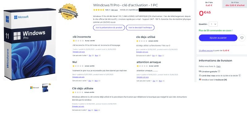 Capture d'écran d'une licence Windows 11 pro vendue 0,45 € ainsi que de commentaires clients vérifiés sur cette annonce alertant d'une arnaque et expliquant que soit ils n'ont pas reçu de clé d'activation soit cette dernière était non-valide.