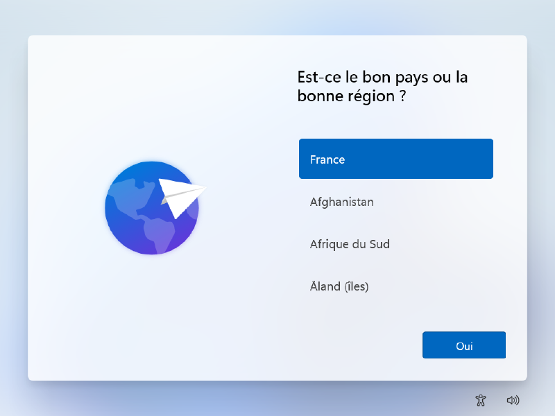 Capture d'écran de l'interface d'installation de Windows 11 lors de l'étape de sélection d'un pays ou d'une région.