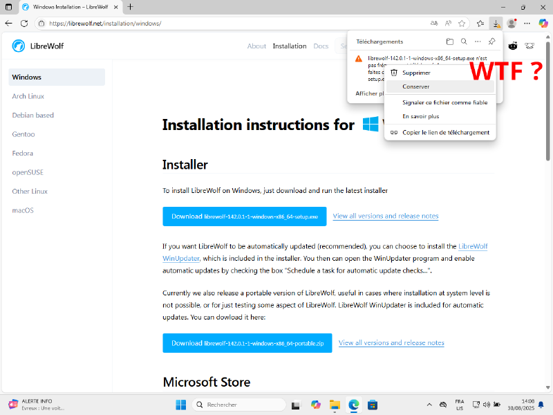 Capture d'écran de la page de téléchargement de LibreWolf depuis Microsoft Edge. En haut à droite le menu des téléchargement est ouvert et on peut y voir un avertissement sur l'exécutable LibreWolf ainsi qu'un sous-menu permettant de conserver le fichier.