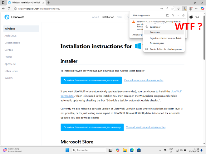 Capture d'écran de la page de téléchargement de LibreWolf depuis Microsoft Edge. En haut à droite le menu des téléchargement est ouvert et on peut y voir un avertissement sur l'exécutable LibreWolf ainsi qu'un sous-menu permettant de conserver le fichier.