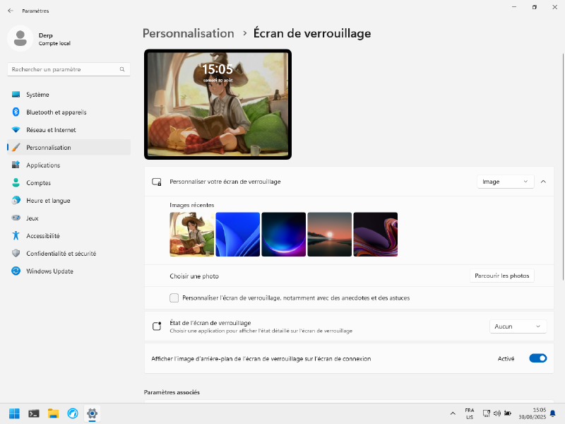 Capture d'écran de l'interface de configuration du menu de verrouillage de Windows 11.