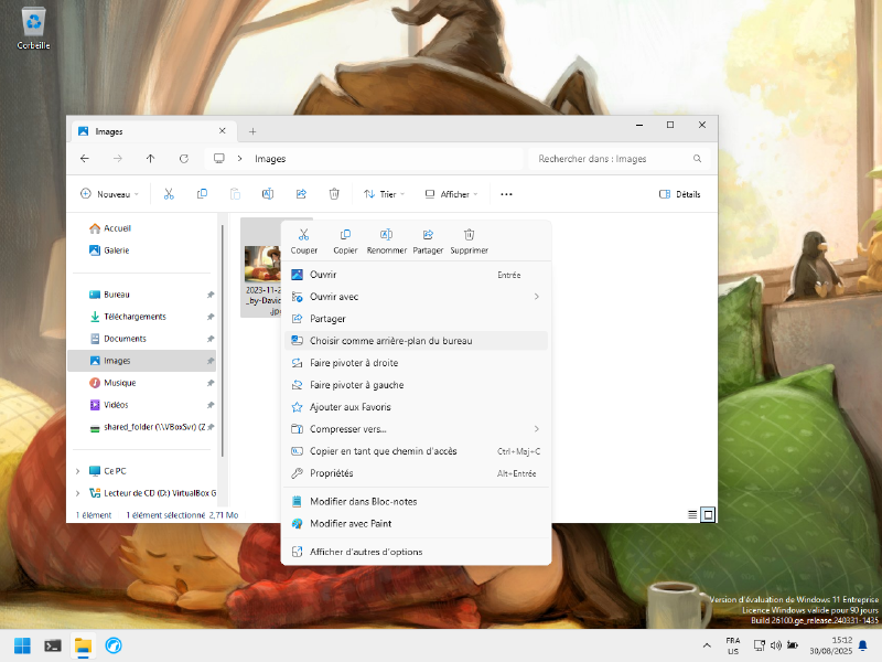 Capture d'écran de l'explorateur Windows ouvert sur le dossier des images. Sur la seule image présente dans le dossier, le menu de click droit est ouvert et l'option « choisir comme arrière plan de bureau » est en surbrillance.