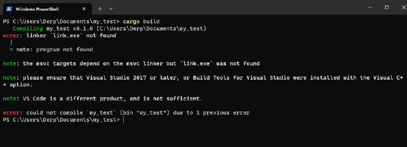 Capture d'écran de PowerShell. La commande « cargo build » a été lancée, ce qui donne lieu à un message d'erreur contenant notamment « linker `link.exe` not found ».