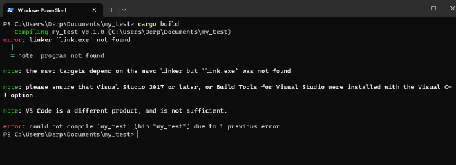 Capture d'écran de PowerShell. La commande « cargo build » a été lancée, ce qui donne lieu à un message d'erreur contenant notamment « linker `link.exe` not found ».