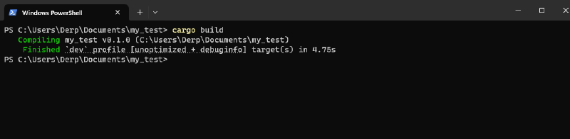 Capture d'écran de PowerShell. La commande « cargo build » a été lancée et s'est exécutée avec succès.
