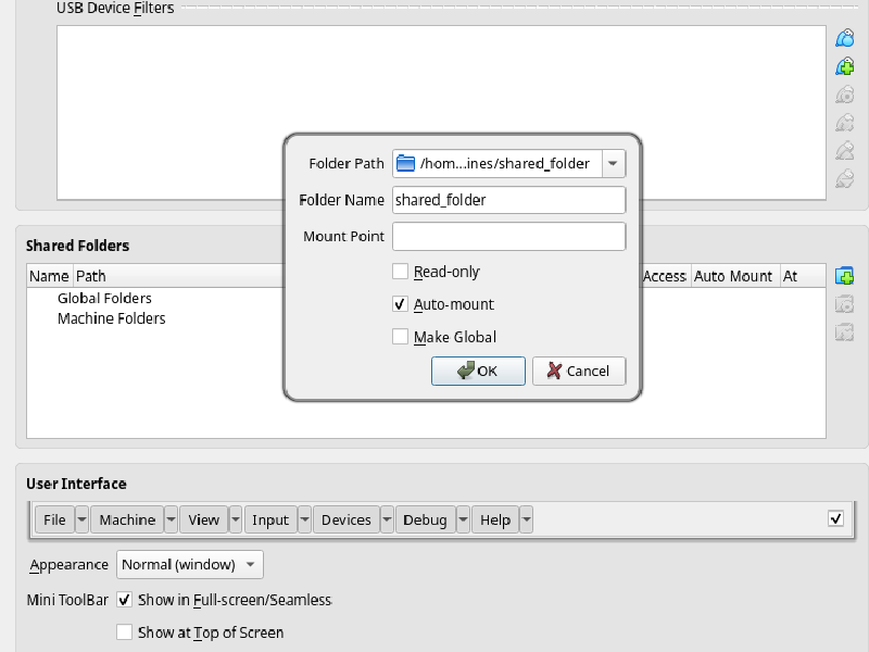 Capture d'écran de l'interface d'ajout d'un dossier partagé dans VirtualBox.
