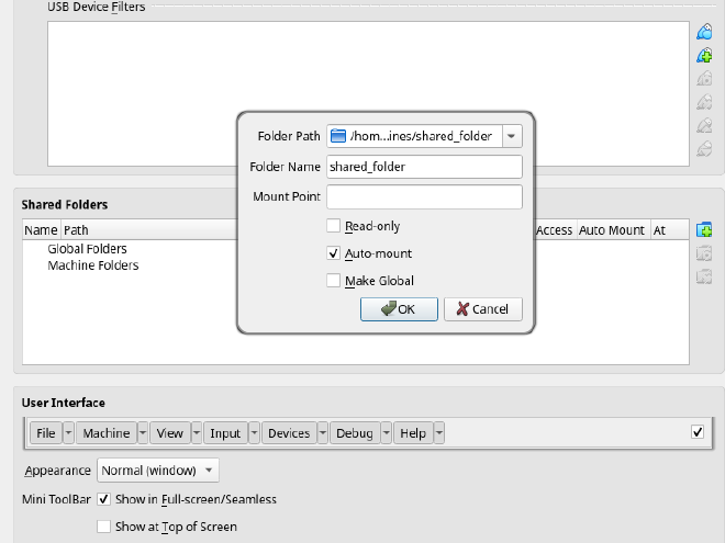 Capture d'écran de l'interface d'ajout d'un dossier partagé dans VirtualBox.