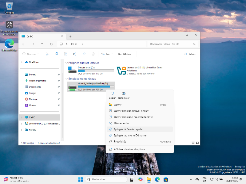 Capture d'écran de l'explorateur Windows. Un lecteur réseau nommé « shared_folder » est présent. Un click droit a été fait sur ce lecteur réseau et l'option « épingler à l'accès rapide » est en surbrillance.