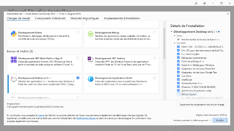 Capture d'écran de l'installateur de Visual Studio en mode modification. Le composant « développement desktop en C++ » est sélectionné tandis que les autres ne le sont pas.