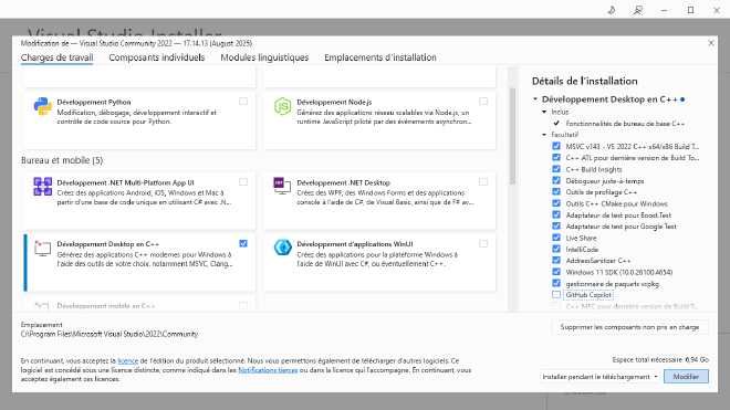Capture d'écran de l'installateur de Visual Studio en mode modification. Le composant « développement desktop en C++ » est sélectionné tandis que les autres ne le sont pas.