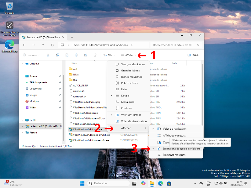 Capture d'écran de l'explorateur de fichiers de Windows 11. Le menu permettant d'afficher les extensions des fichiers est entièrement déroulé et des flèches numérotées indiquent les endroits où cliquer pour y accéder.