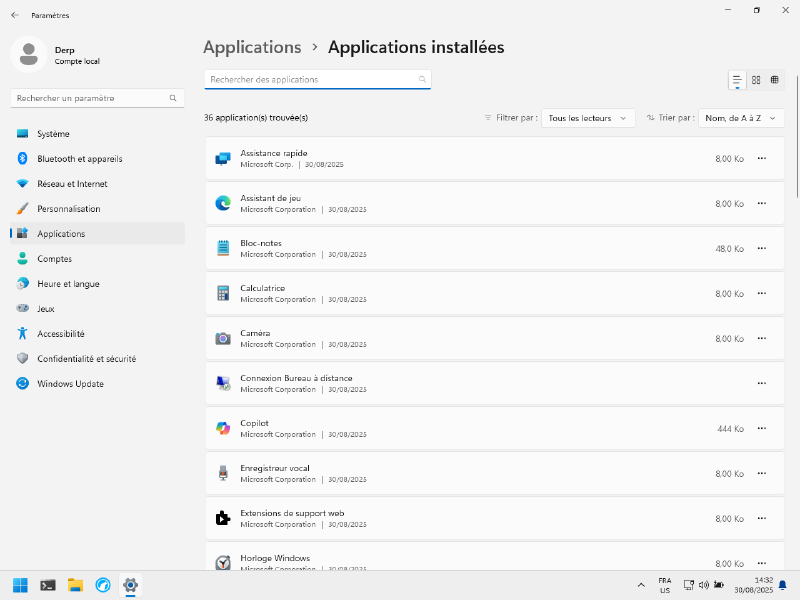 Capture d'écran de la liste des applications installées dans Windows.