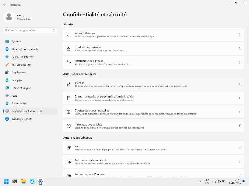 Capture d'écran du panneau de configuration de Windows 11 dans la section confidentialité et sécurité.