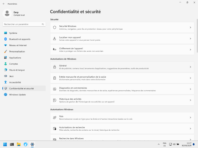 Capture d'écran du panneau de configuration de Windows 11 dans la section confidentialité et sécurité.