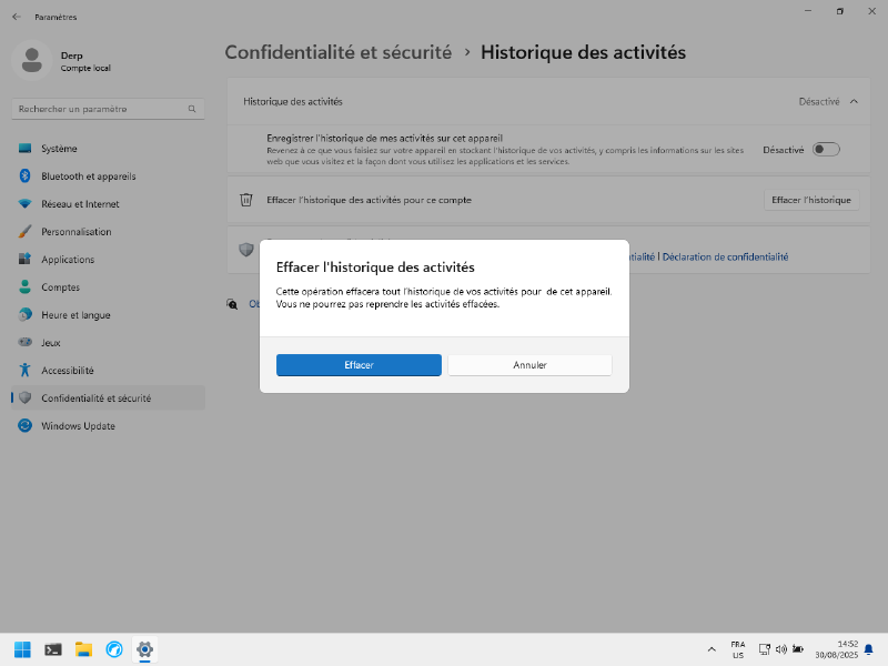 Capture d'écran de l'interface d'effacement de l'historique de Microsoft Recall.
